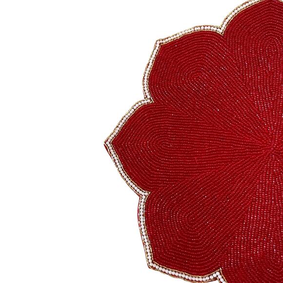 TAHARI Glass Beaded Charger Placemat 15" Holiday Red White Scalloped Border NEW - Picture 6 of 10